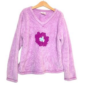 Hanna Andersson Girls 140 Sz 10 Floral Fussy Appliqué Fleece Marshmallow Purple